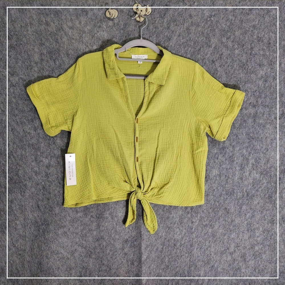 Kurious Top Women L Lime Seersucker Gauze Tie Front Short Sleeve Button Up Crop